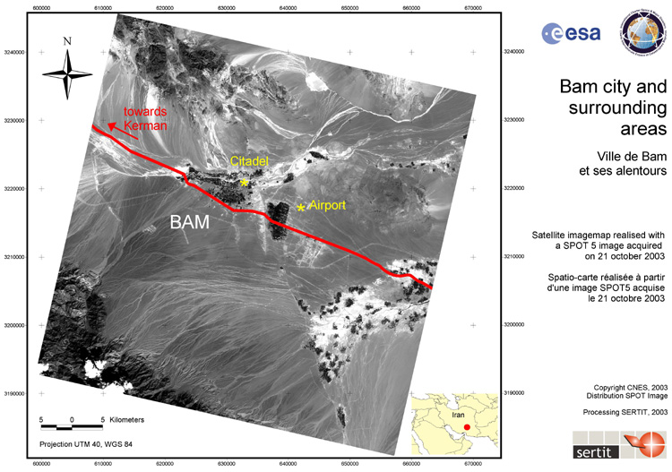 SPOT 5 space map over Bam city earthqukae area. Image acquired on 21 October 2003 (pre-disaster).
