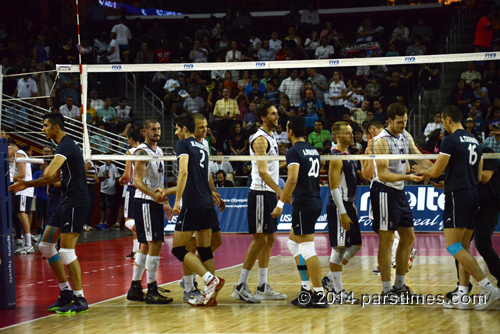 US & Iran players shaking hands - USC (August 9, 2014)