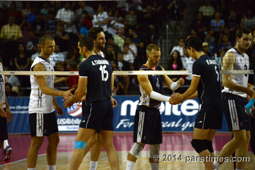 US & Iran players shaking hands - USC (August 9, 2014)